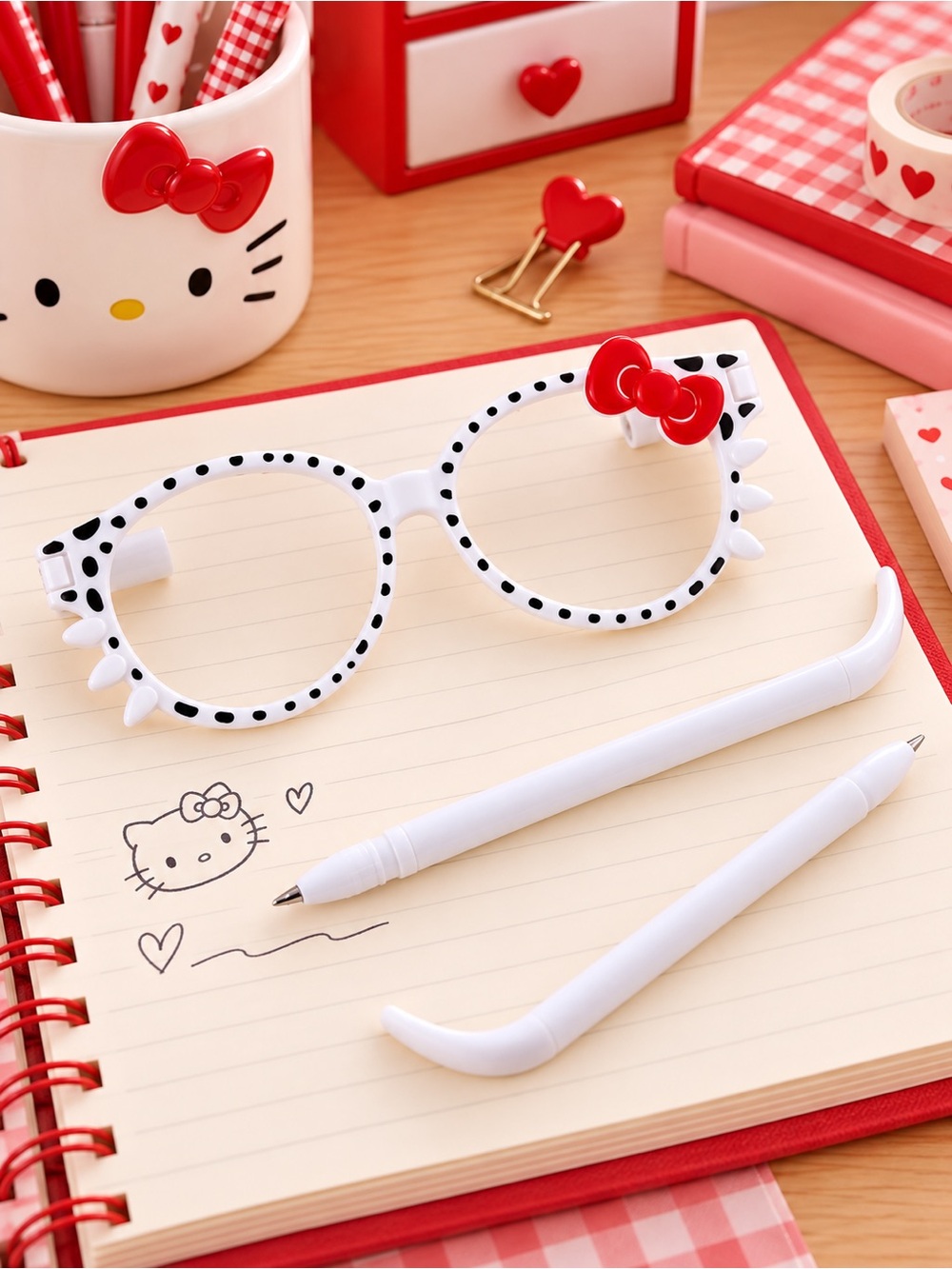 Hello Kitty Style Novelty Eyeglass Ballpoint Pen Set Red Bow